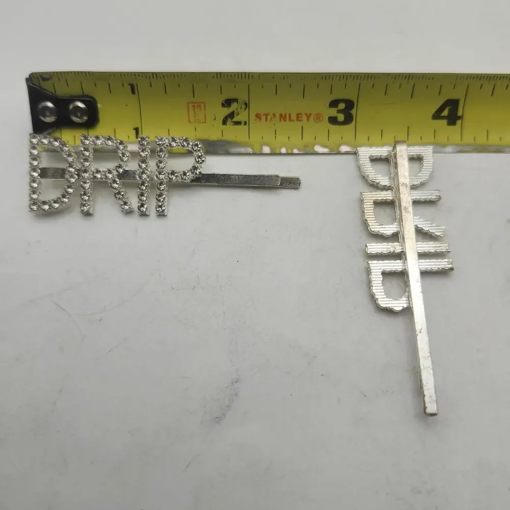 Rhinestone DRIP Hair Pins Silver Tone Crystal Letter Bobby Clip Pair Barrettes